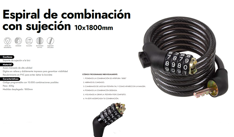 CANDADO BICICLETA ELTIN ESPIRAL COMBINACION CON SUJECCION 10X1800 mm
